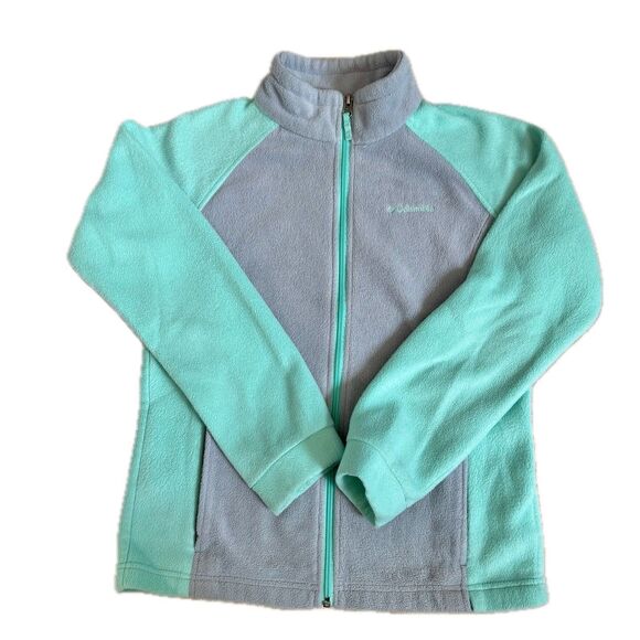Columbia Kids Full Zip Fleece Jacket Mint/gray Colorblock Size L Cozy Fall Soft - Picture 2 of 8